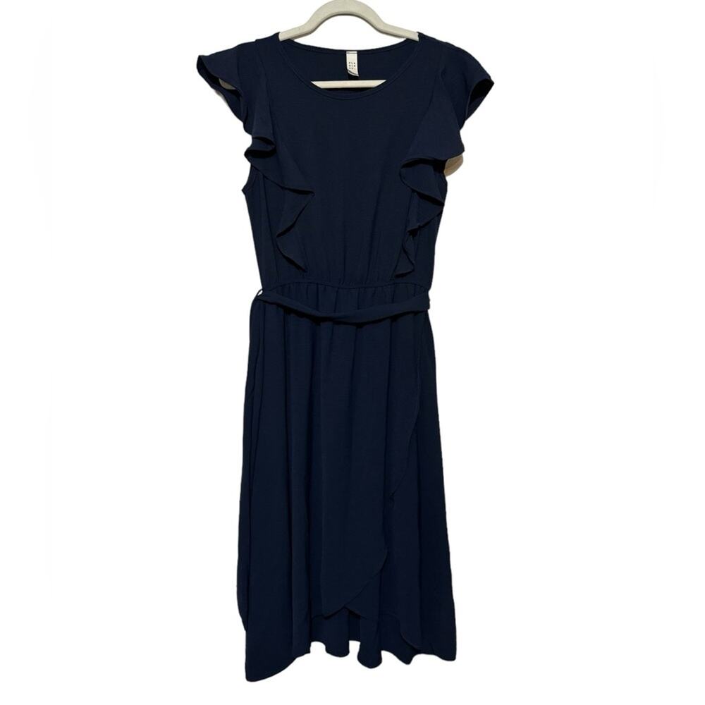 Flamingo Dark Navy Blue Flutter Sleeve Faux Wrap Midi Dress Women’s Size Medium